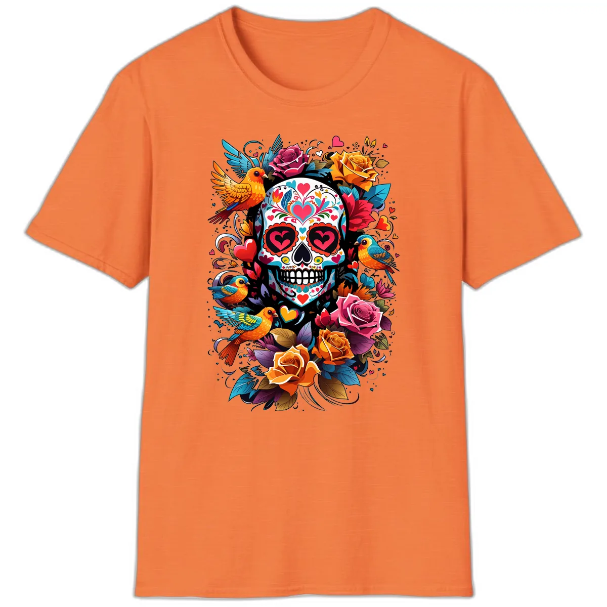 Vibrant Folk Art Sugar Skull with Birds T-Shirt in Heather Orange