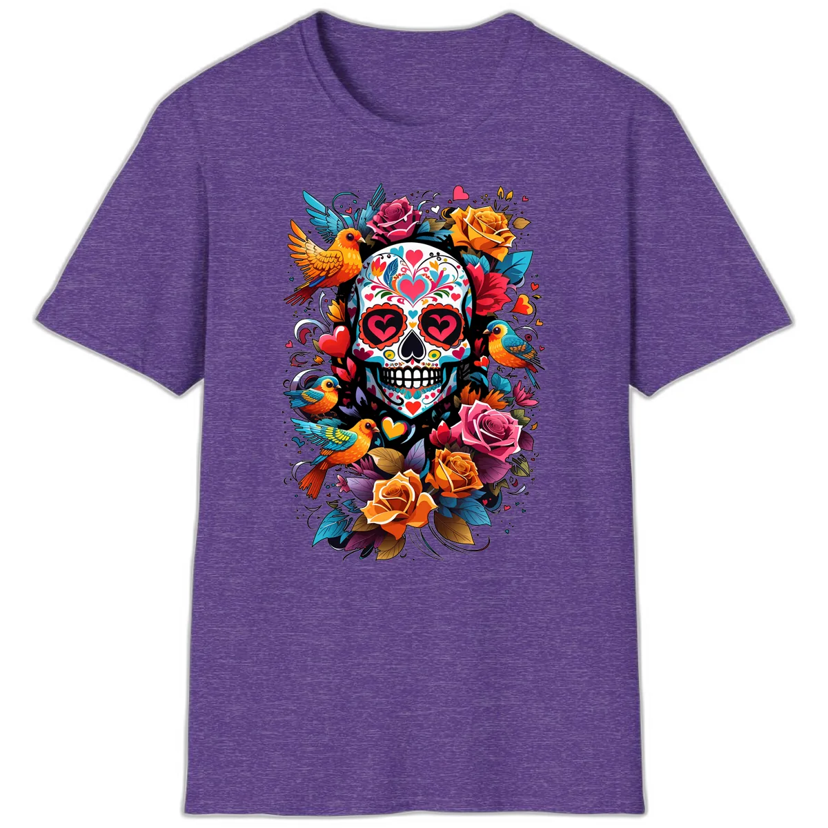 Vibrant Folk Art Sugar Skull with Birds T-Shirt in Heather Purple