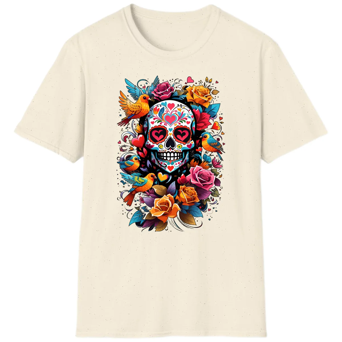 Vibrant Folk Art Sugar Skull with Birds T-Shirt in Natural