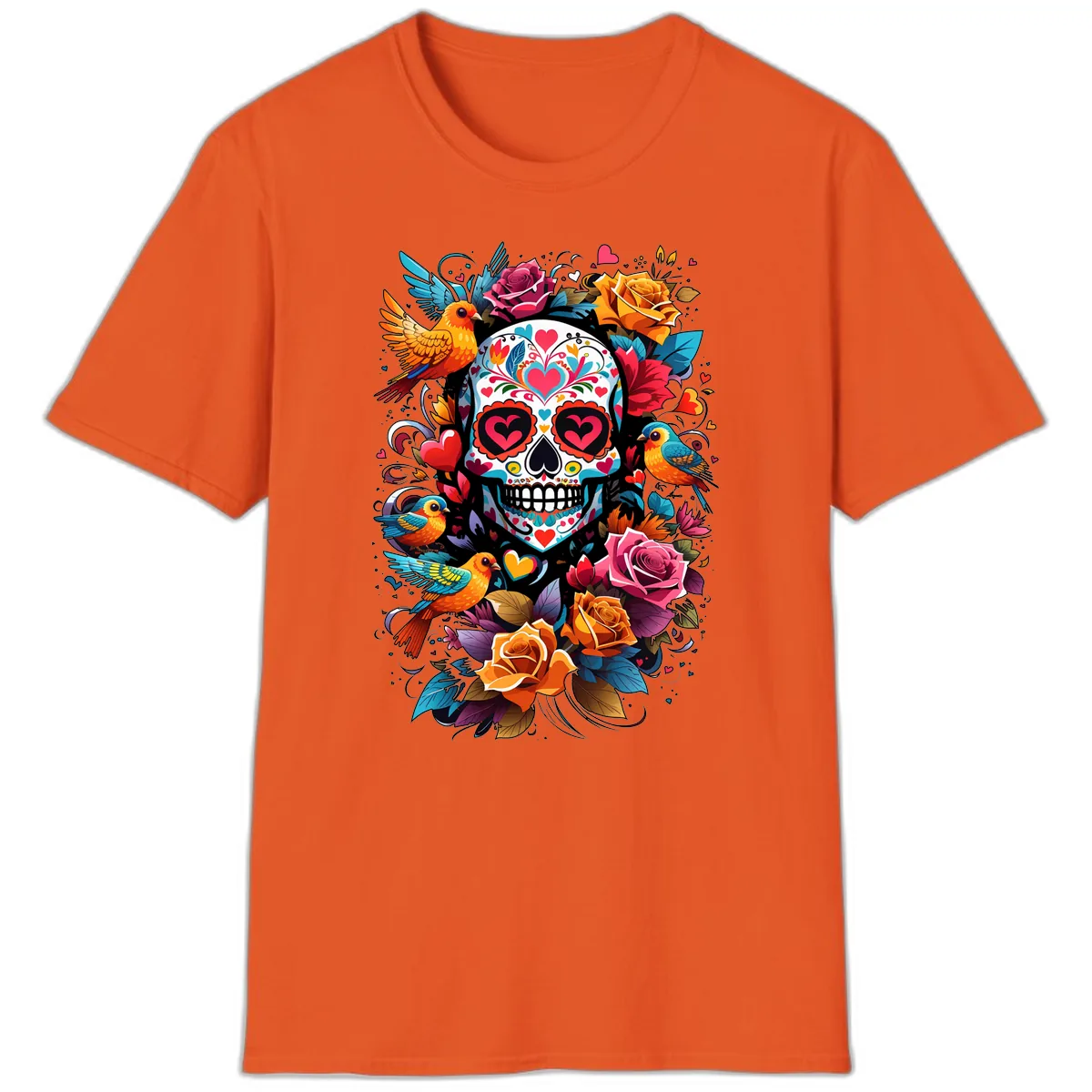 Vibrant Folk Art Sugar Skull with Birds T-Shirt in Orange