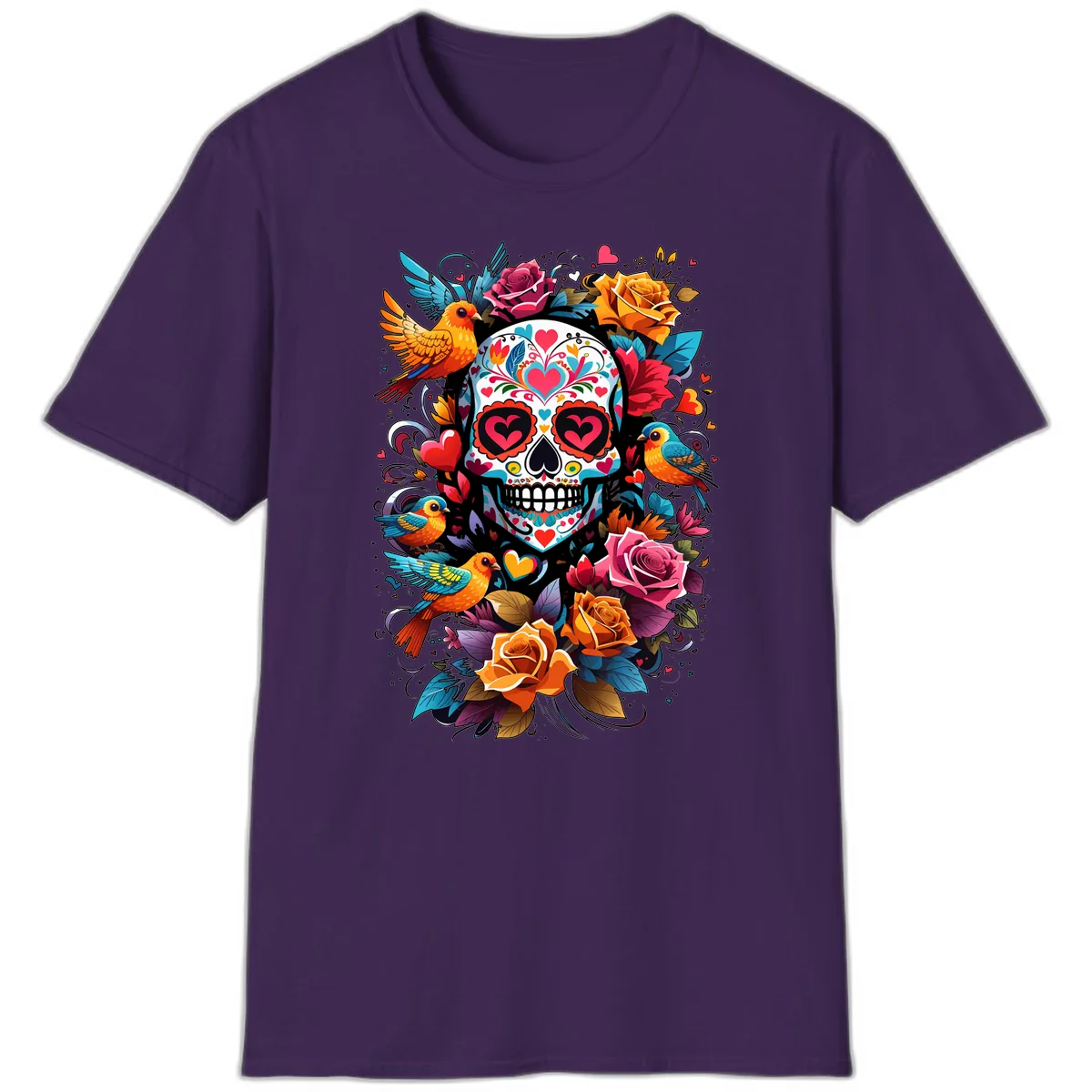 Vibrant Folk Art Sugar Skull with Birds T-Shirt in Purple