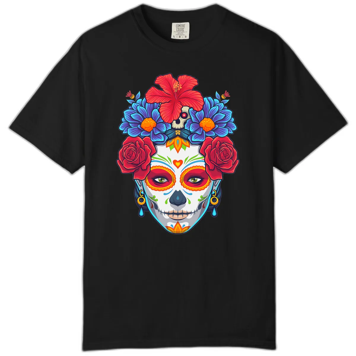 Floral Catrina Sugar Skull Portrait Comfort Color in Black