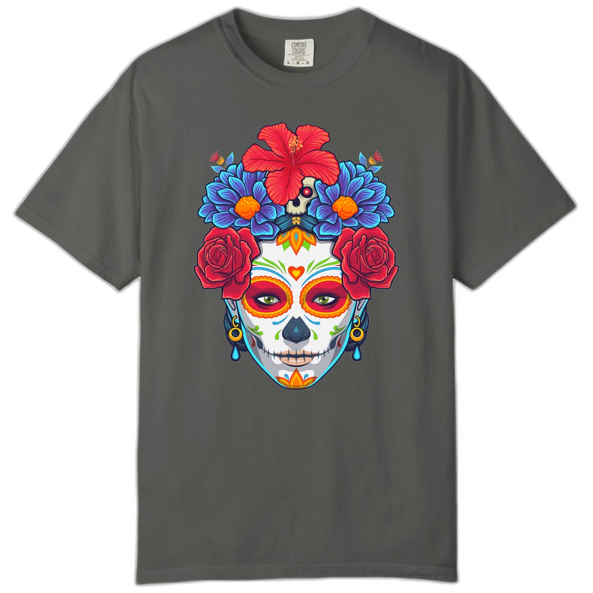 Floral Catrina Sugar Skull Portrait Comfort Color in Pepper