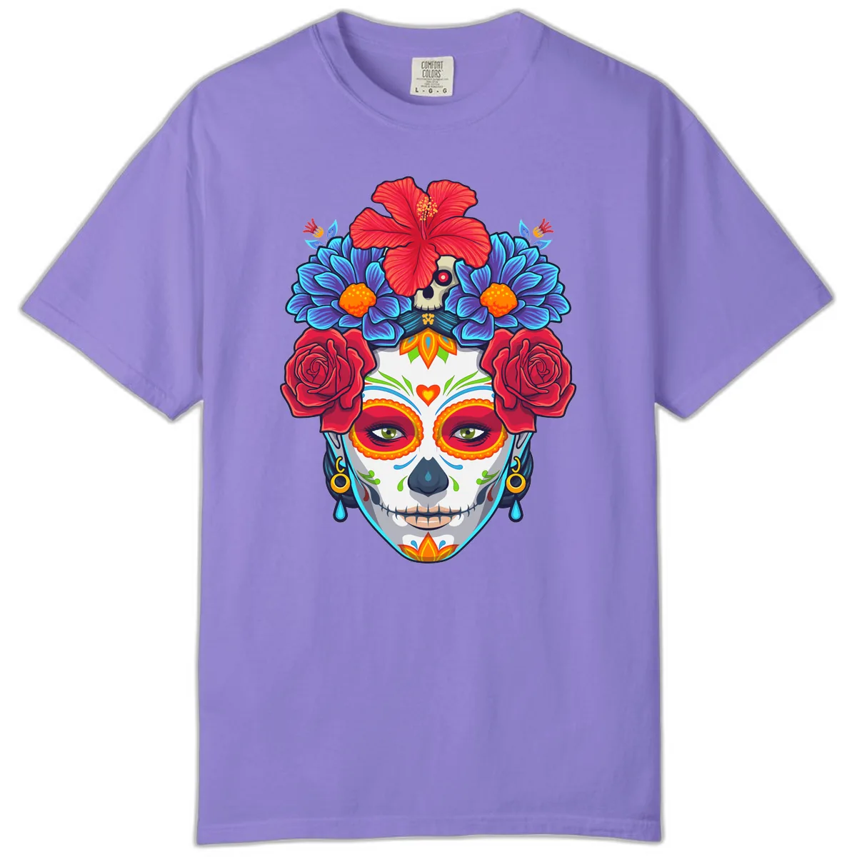 Floral Catrina Sugar Skull Portrait Comfort Color in Violet