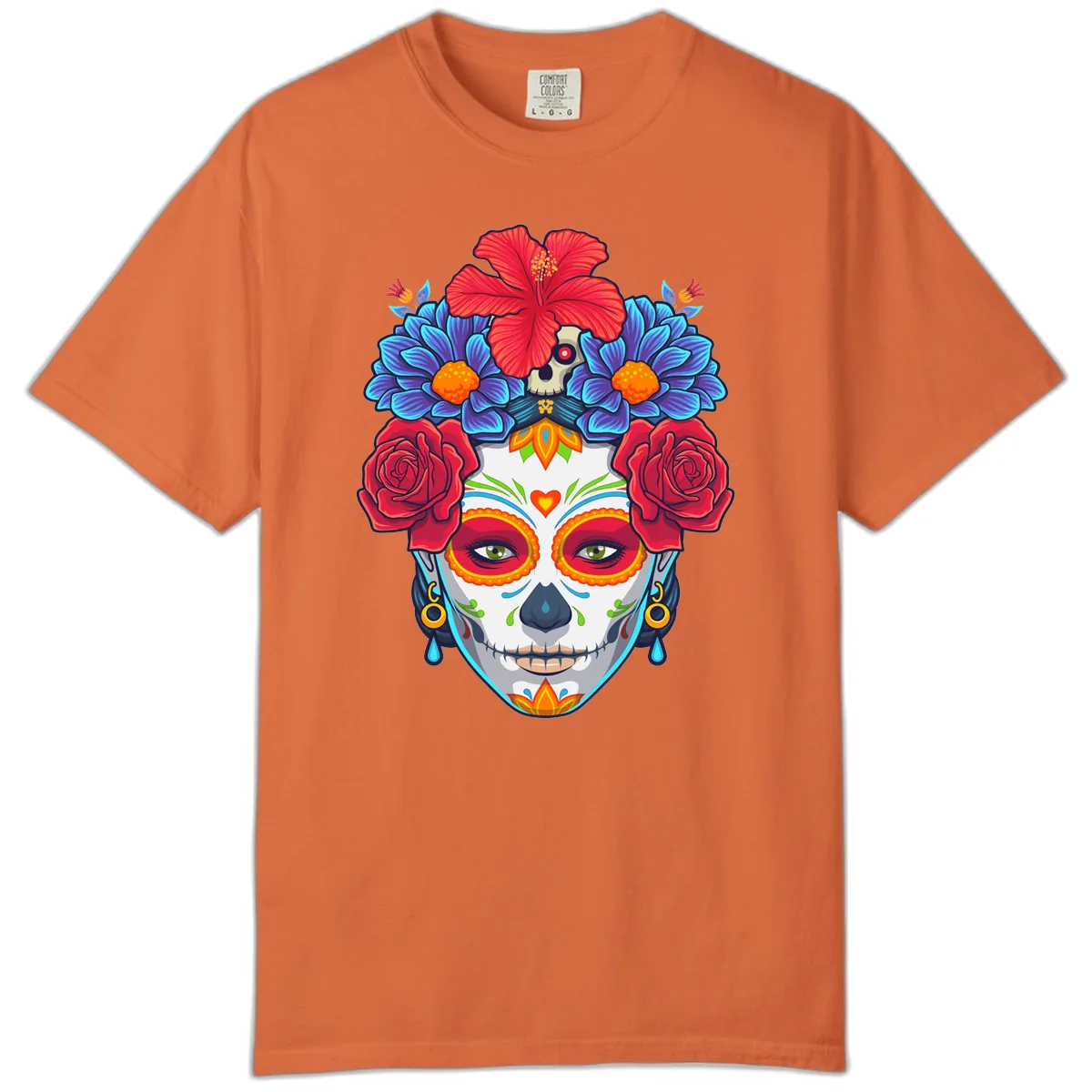 Floral Catrina Sugar Skull Portrait Comfort Color in Burnt Orange