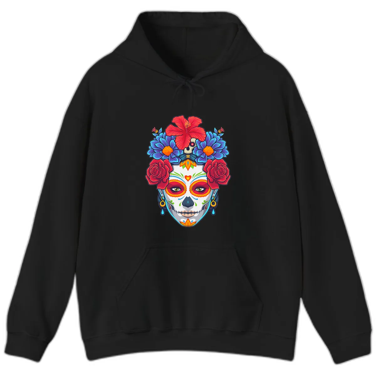 Floral Catrina Sugar Skull Portrait Hoodie in Black