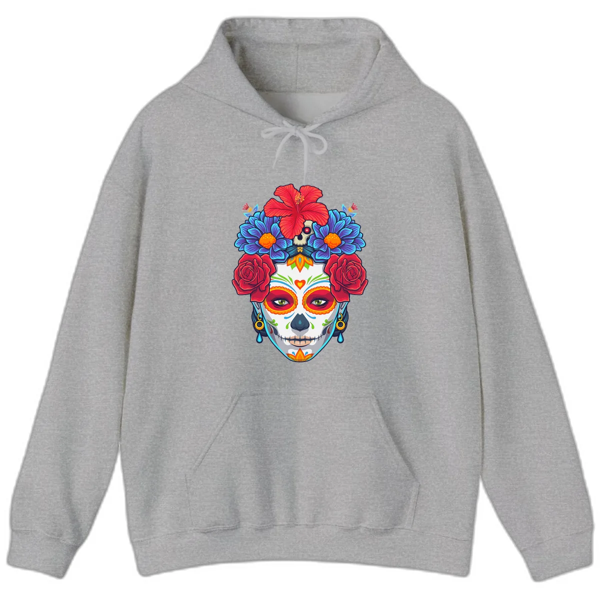 Floral Catrina Sugar Skull Portrait Hoodie in Sport Grey