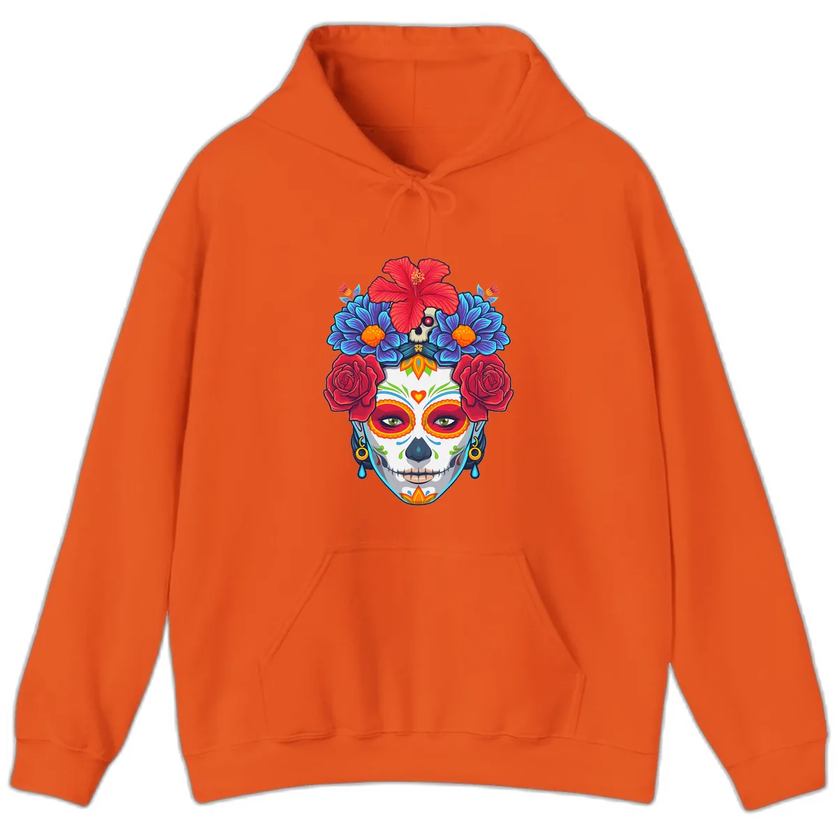 Floral Catrina Sugar Skull Portrait Hoodie in Orange
