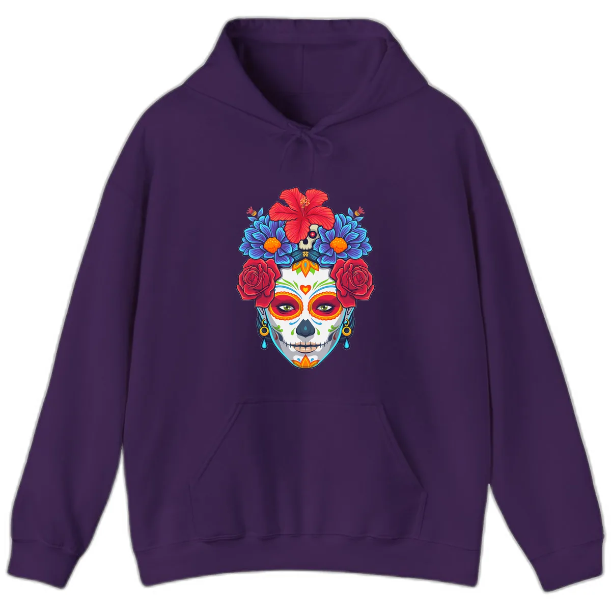 Floral Catrina Sugar Skull Portrait Hoodie in Purple