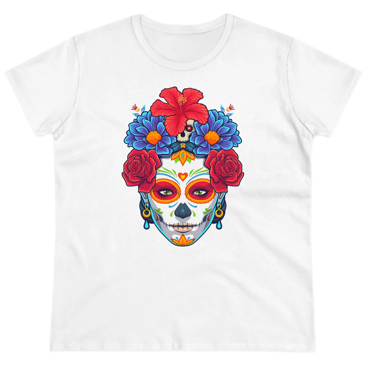Floral Catrina Sugar Skull Portrait Ladies Tee in White
