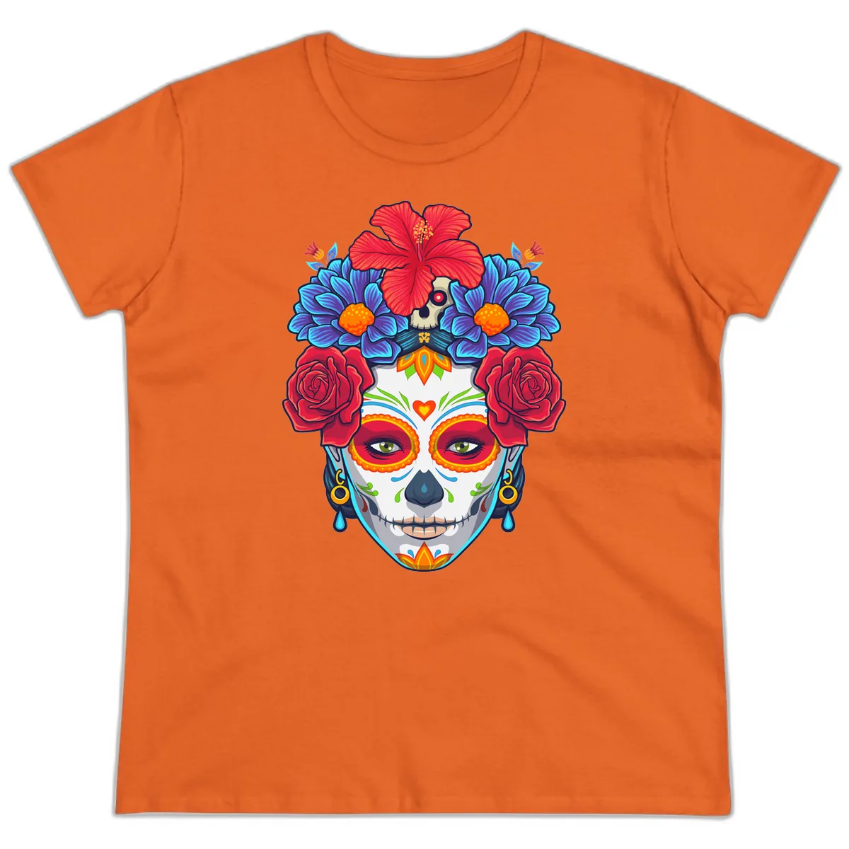 Floral Catrina Sugar Skull Portrait Ladies Tee in Orange