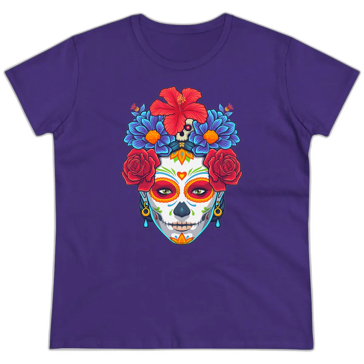 Floral Catrina Sugar Skull Portrait Ladies Tee in Purple