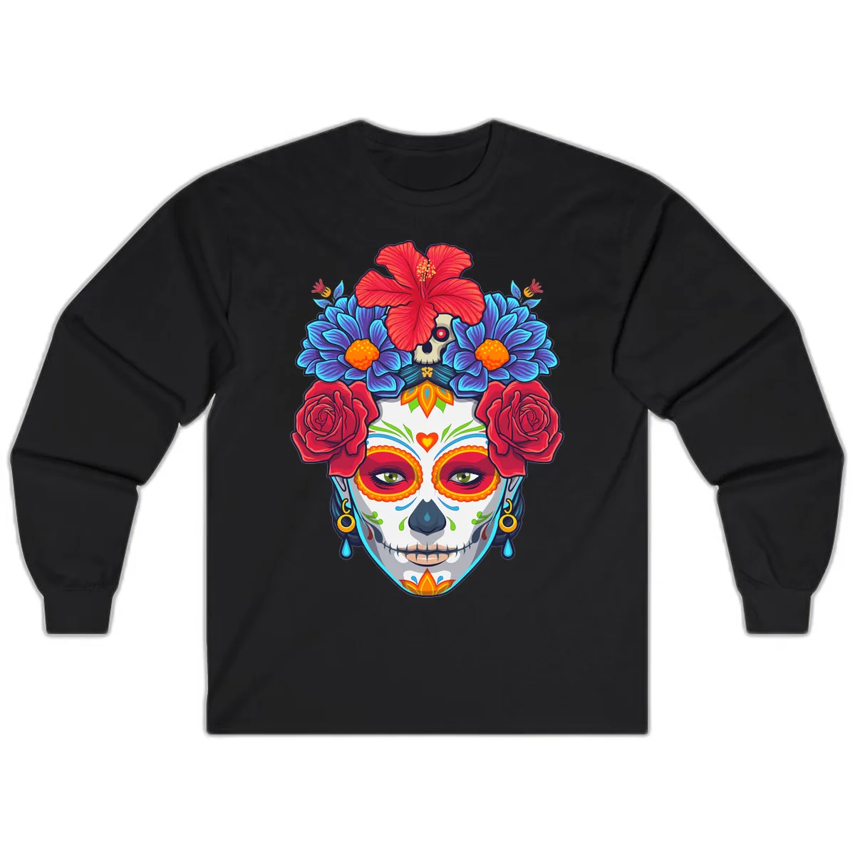 Floral Catrina Sugar Skull Portrait Long Sleeve in Black
