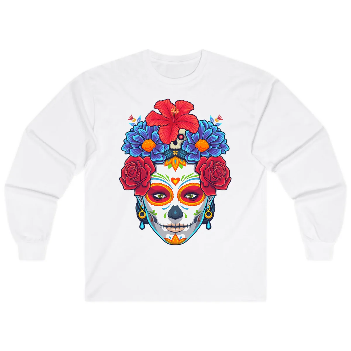 Floral Catrina Sugar Skull Portrait Long Sleeve in White