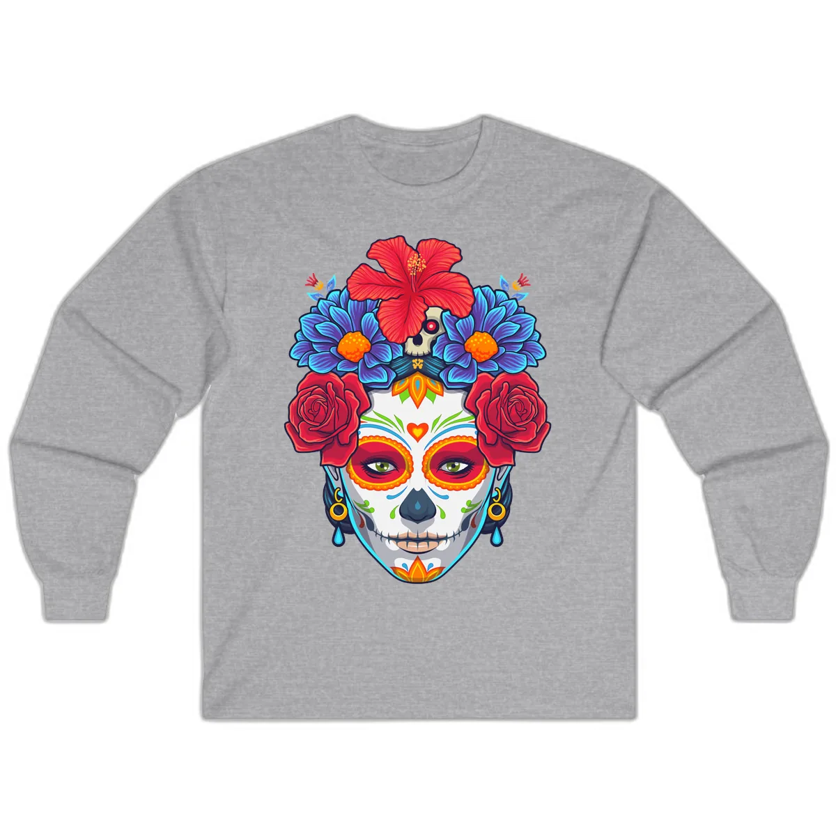 Floral Catrina Sugar Skull Portrait Long Sleeve in Sport Grey