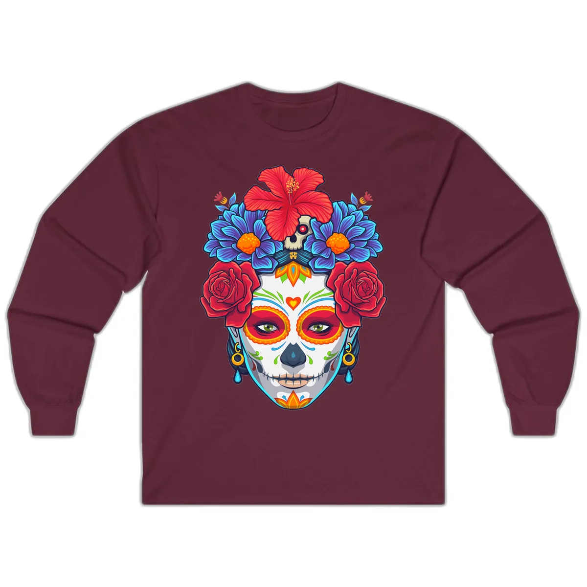 Floral Catrina Sugar Skull Portrait Long Sleeve in Maroon