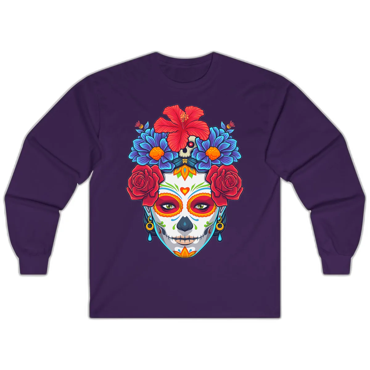 Floral Catrina Sugar Skull Portrait Long Sleeve in Purple