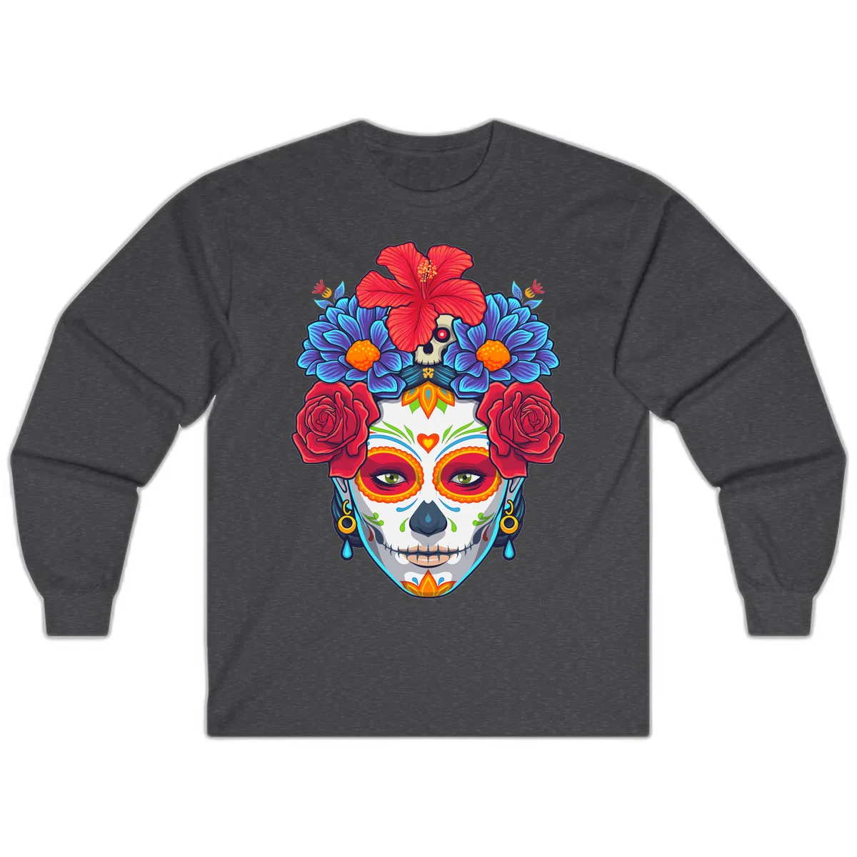 Floral Catrina Sugar Skull Portrait Long Sleeve in Dark Heather