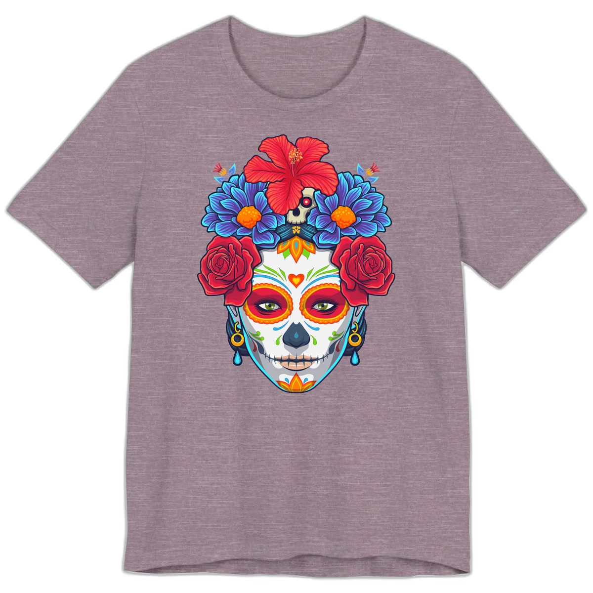 Floral Catrina Sugar Skull Portrait Premium T-Shirt in Heather Purple