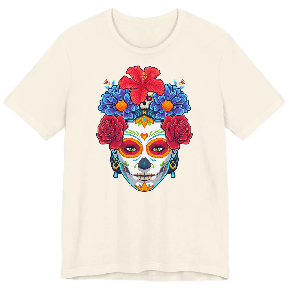 Floral Catrina Sugar Skull Portrait Premium T-Shirt in Natural