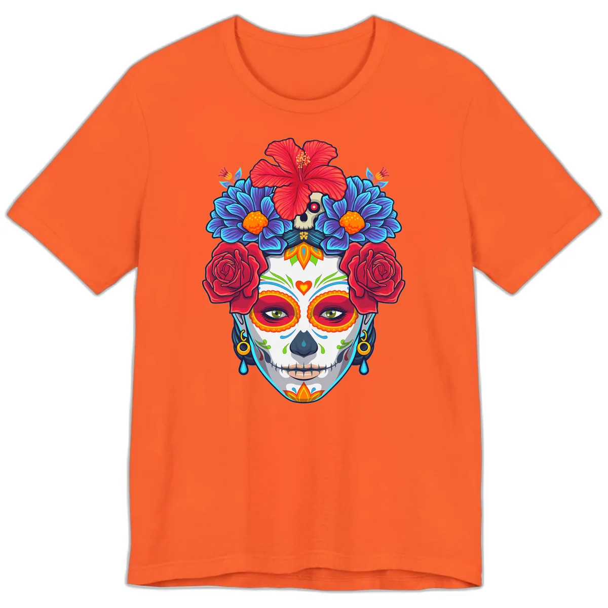 Floral Catrina Sugar Skull Portrait Premium T-Shirt in Orange