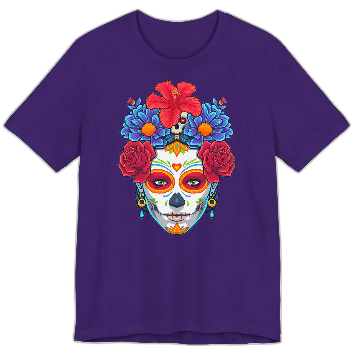 Floral Catrina Sugar Skull Portrait Premium T-Shirt in Team Purple