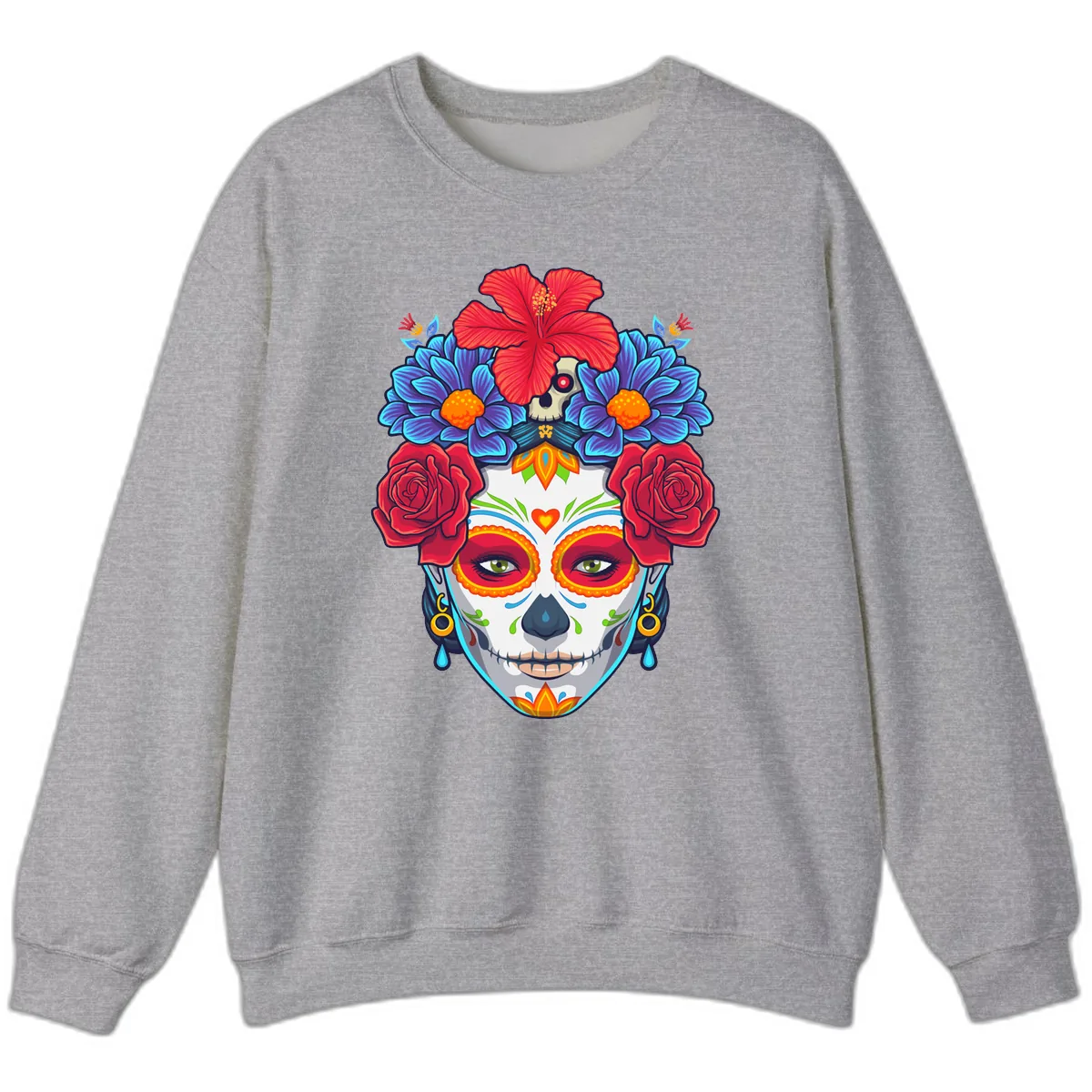Floral Catrina Sugar Skull Portrait Sweatshirt in Sport Grey