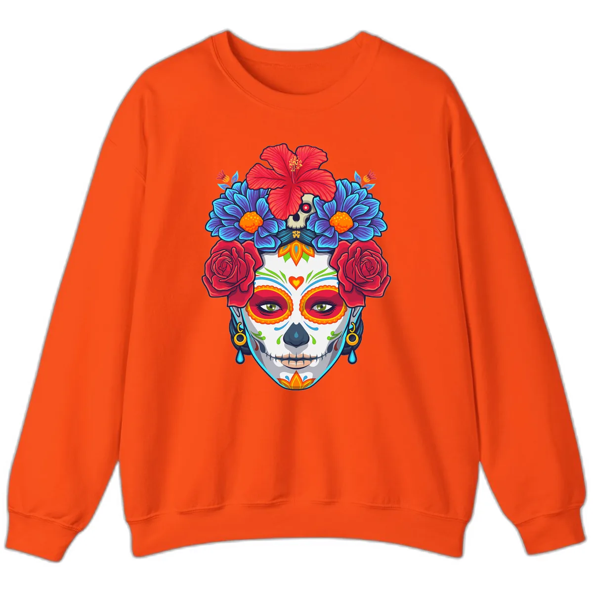Floral Catrina Sugar Skull Portrait Sweatshirt in Orange