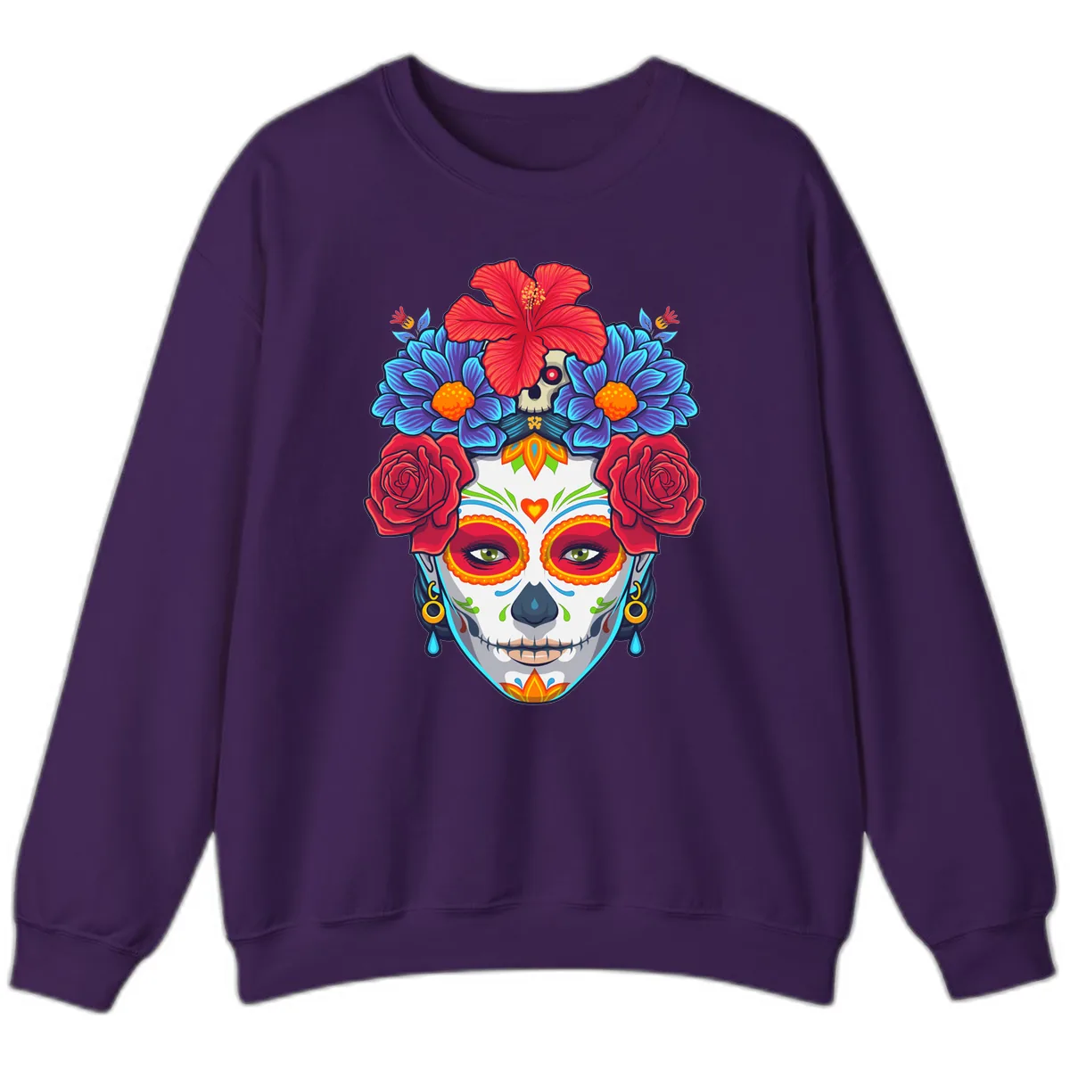 Floral Catrina Sugar Skull Portrait Sweatshirt in Purple