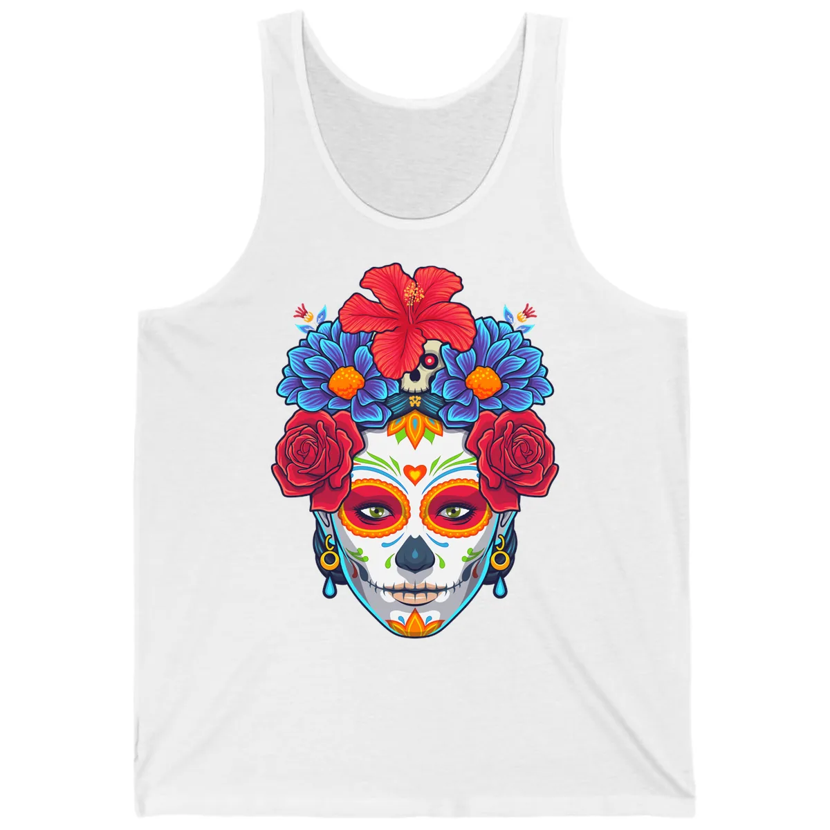 Floral Catrina Sugar Skull Portrait Tank in White