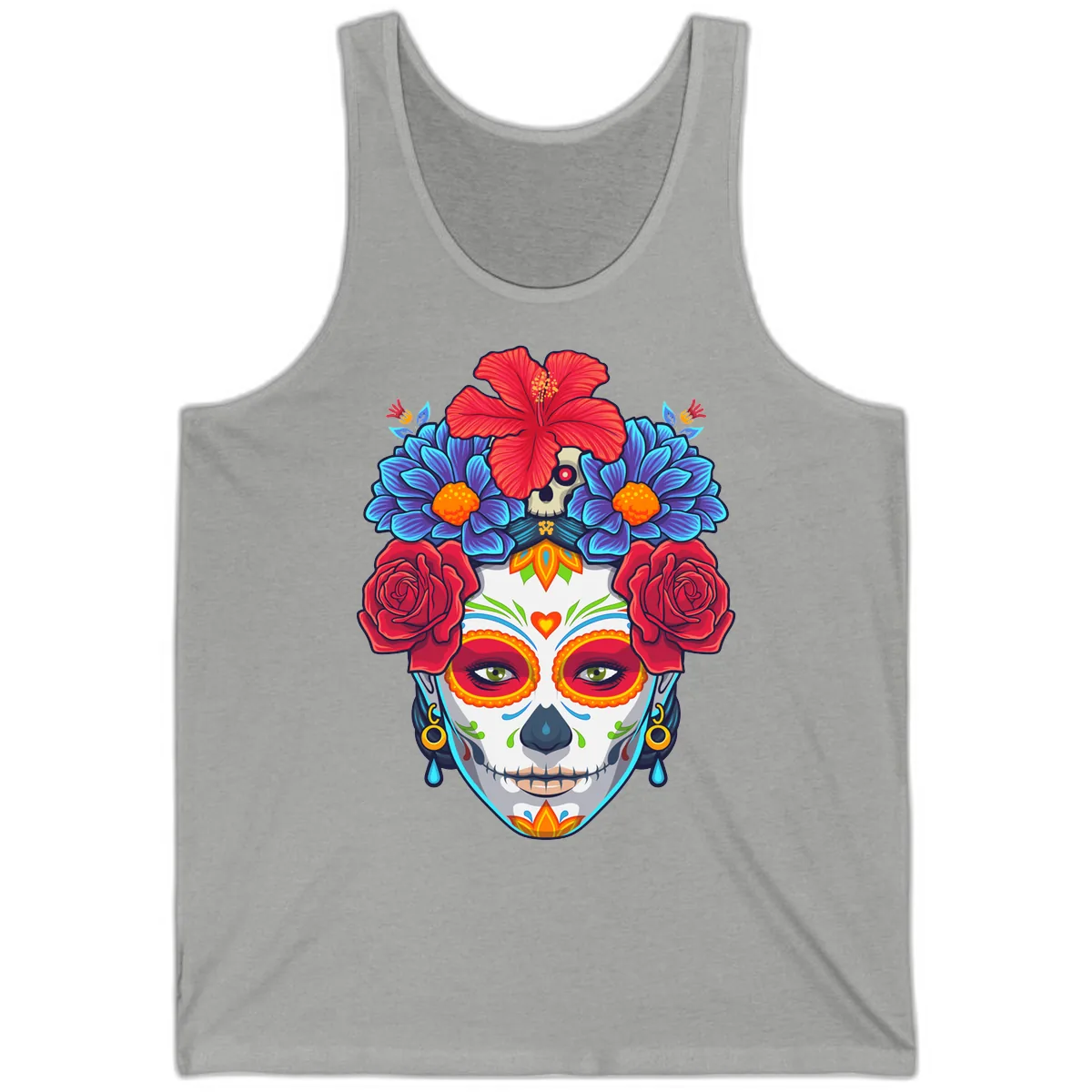 Floral Catrina Sugar Skull Portrait Tank in Athletic Heather