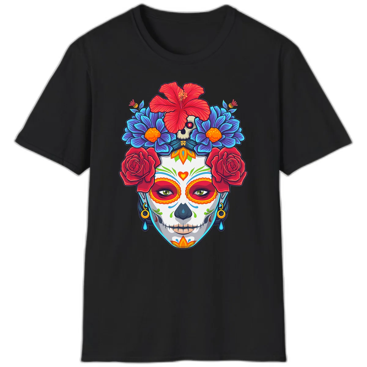 Floral Catrina Sugar Skull Portrait T-Shirt in Black