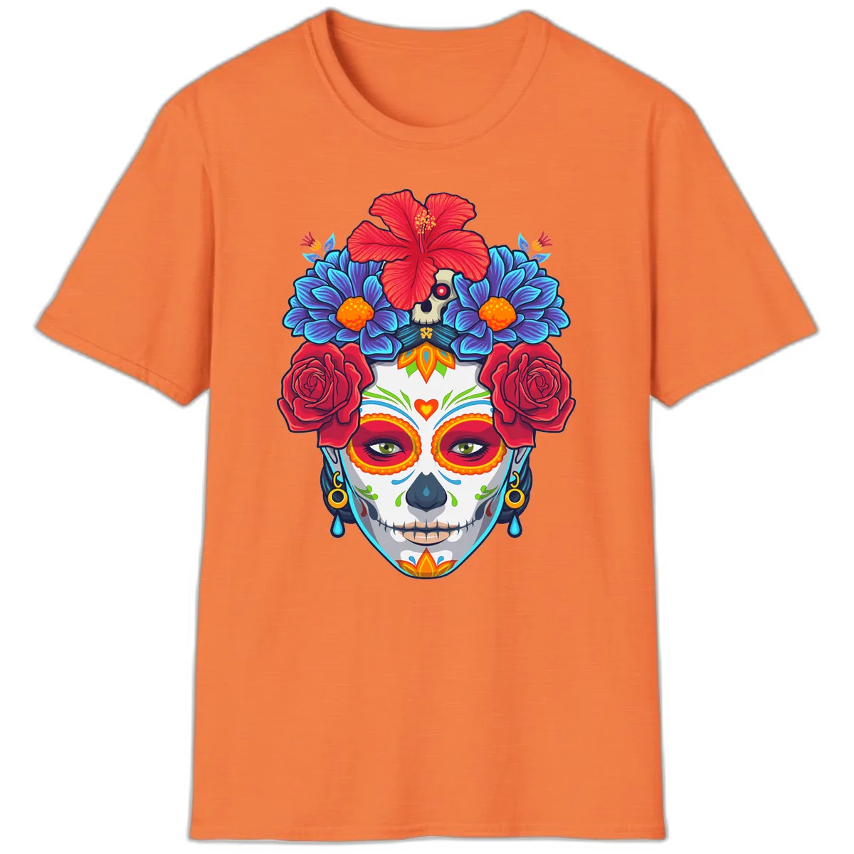 Floral Catrina Sugar Skull Portrait T-Shirt in Heather Orange