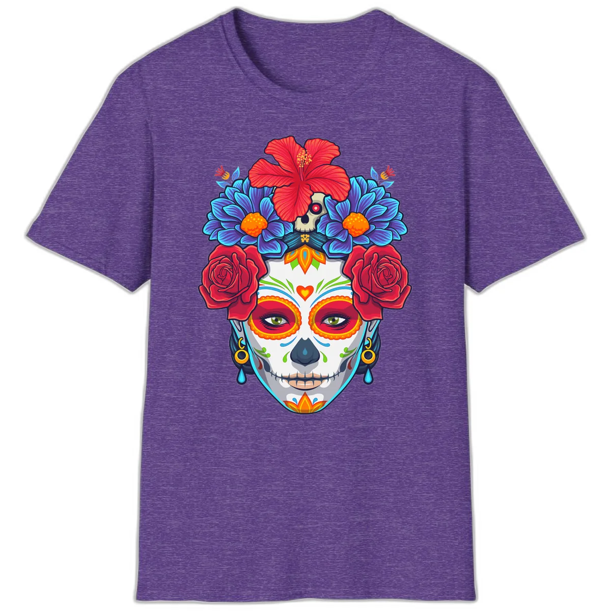 Floral Catrina Sugar Skull Portrait T-Shirt in Heather Purple