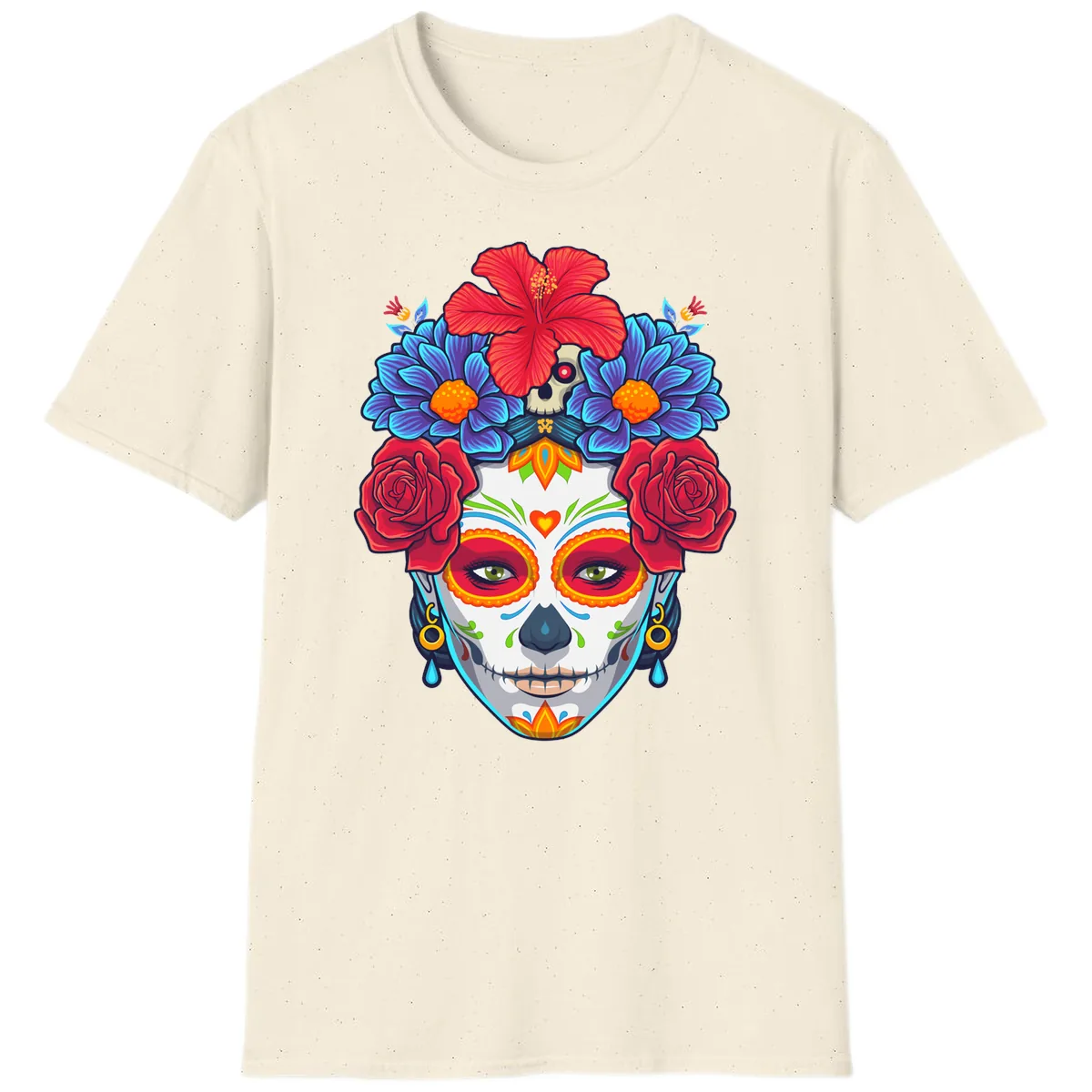 Floral Catrina Sugar Skull Portrait T-Shirt in Natural