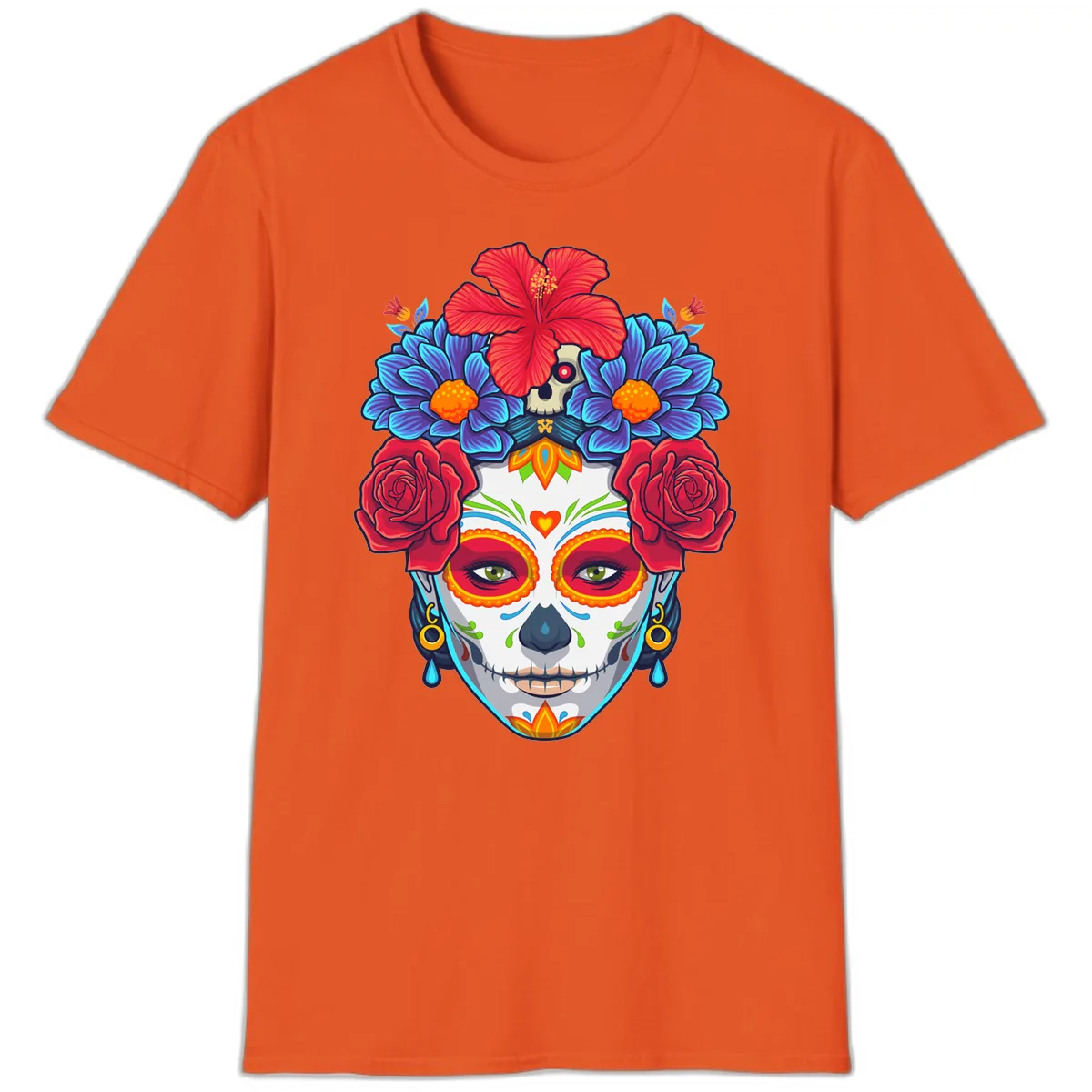 Floral Catrina Sugar Skull Portrait T-Shirt in Orange