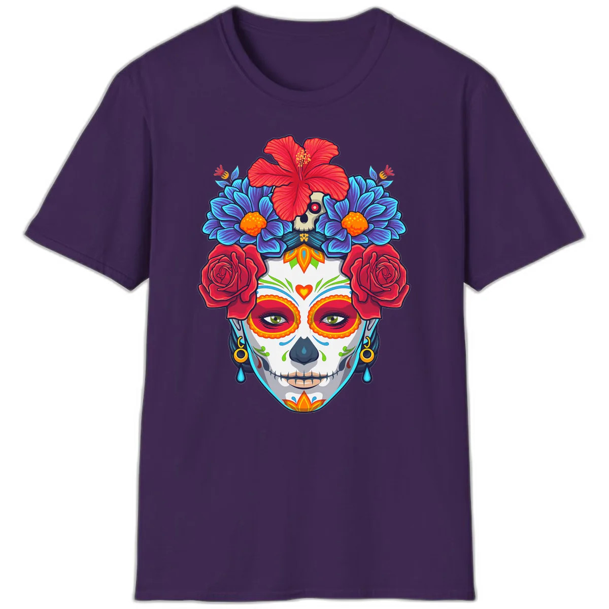Floral Catrina Sugar Skull Portrait T-Shirt in Purple