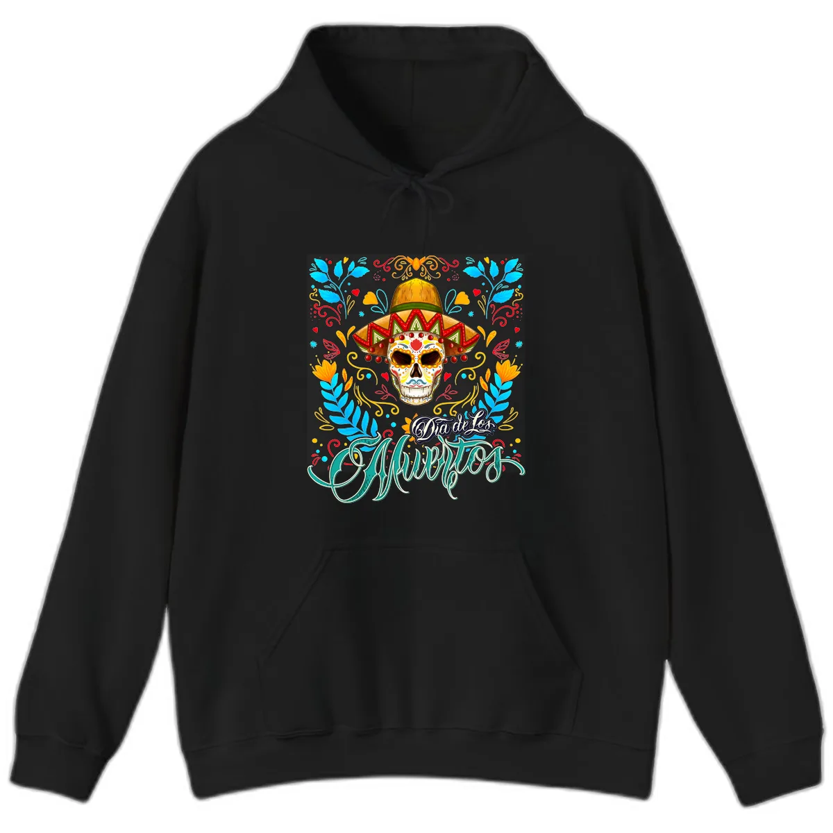 Vibrant Sombrero Sugar Skull Dia de Los Muertos Hoodie in Black