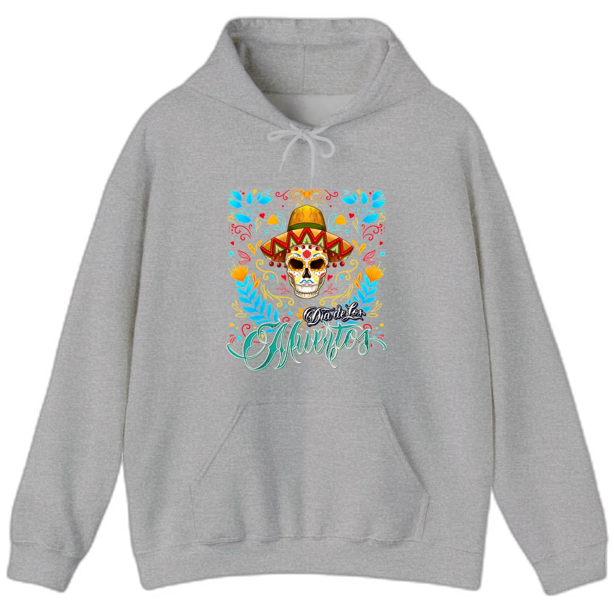 Vibrant Sombrero Sugar Skull Dia de Los Muertos Hoodie in Sport Grey