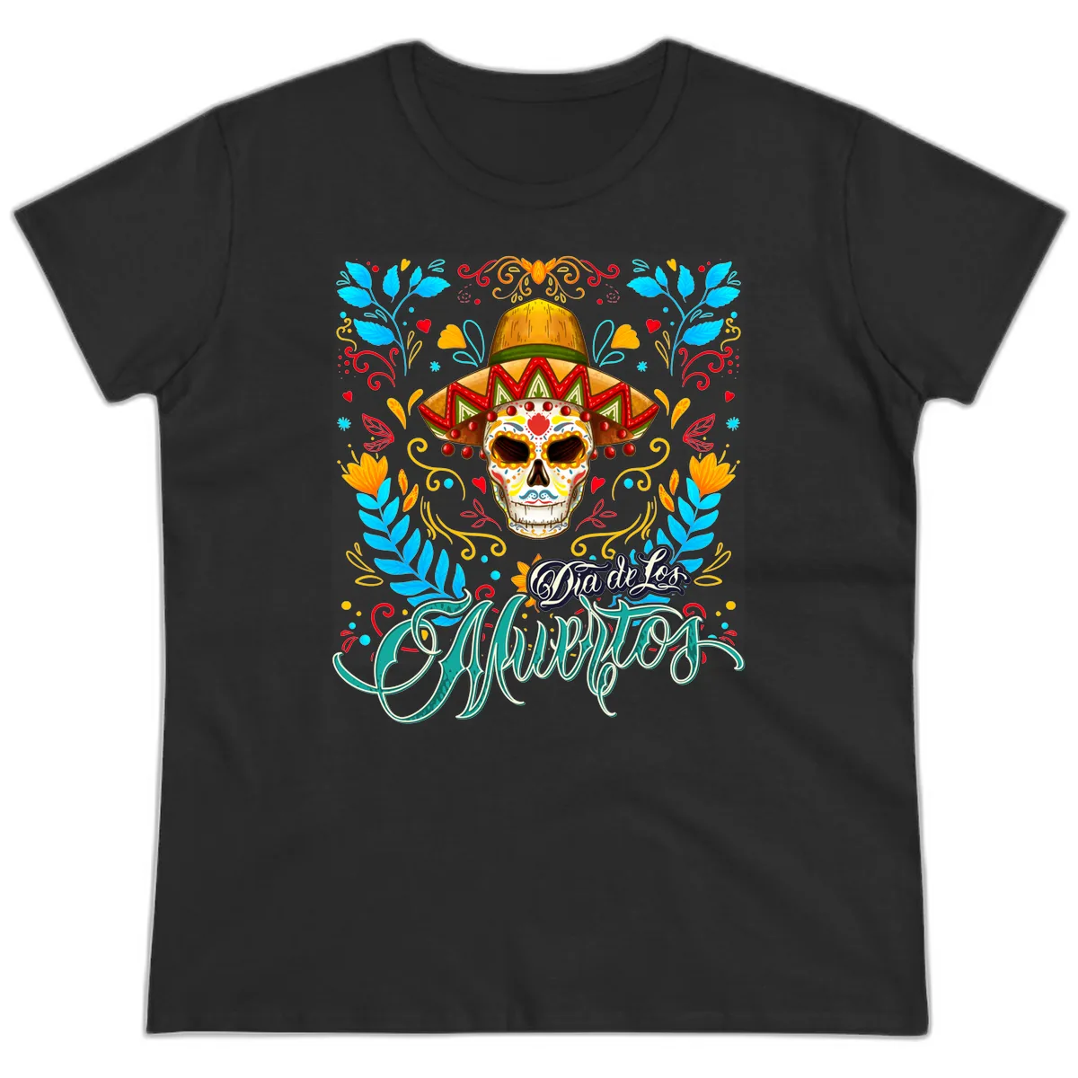 Vibrant Sombrero Sugar Skull Dia de Los Muertos Ladies Tee in Black