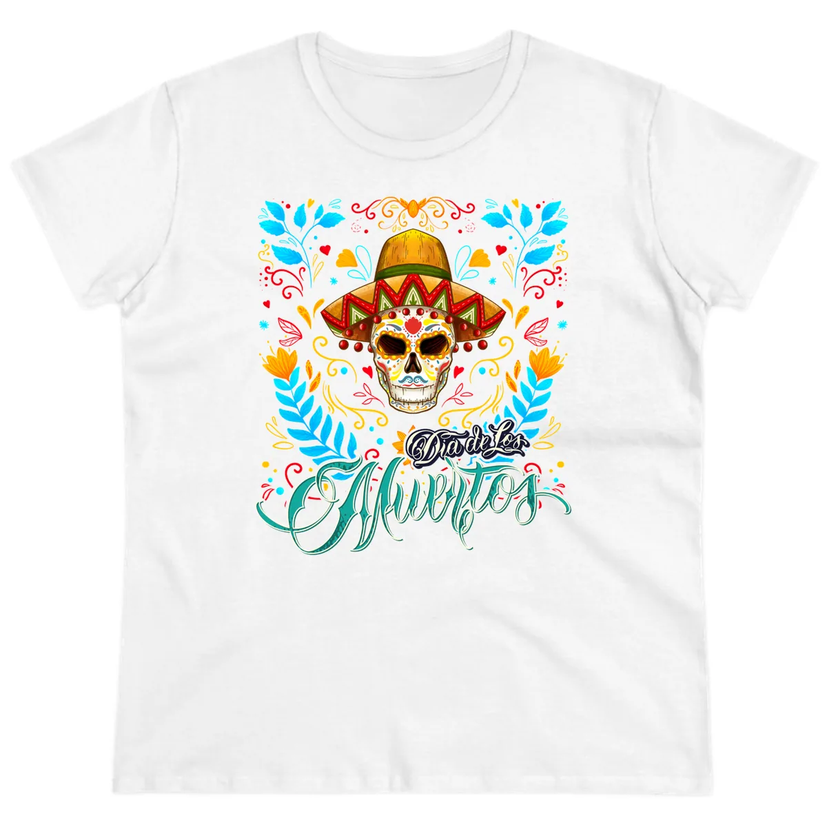 Vibrant Sombrero Sugar Skull Dia de Los Muertos Ladies Tee in White