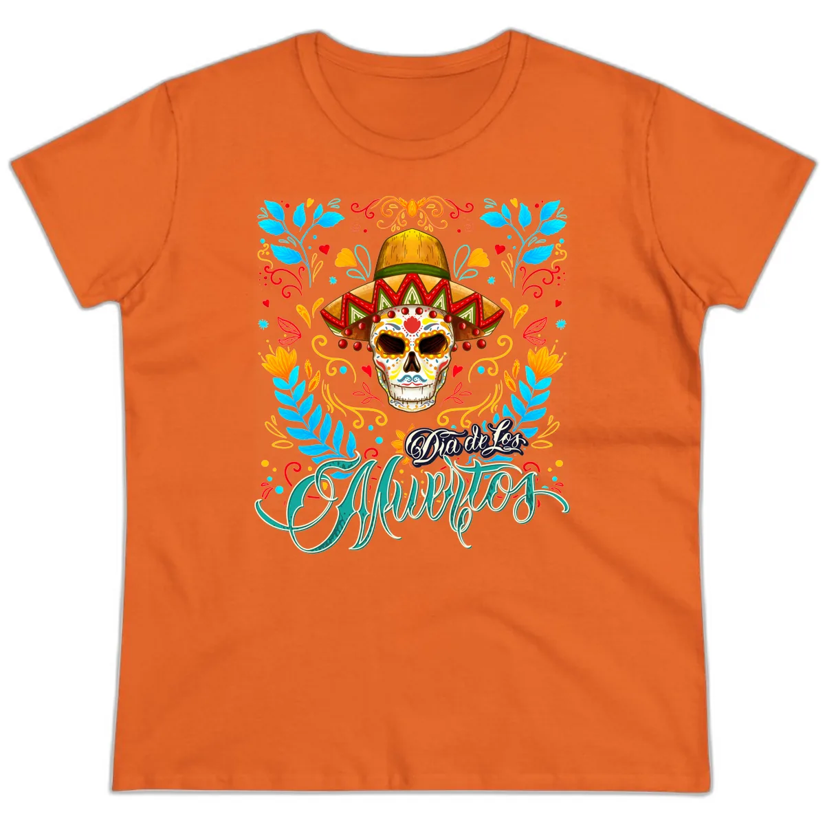 Vibrant Sombrero Sugar Skull Dia de Los Muertos Ladies Tee in Orange