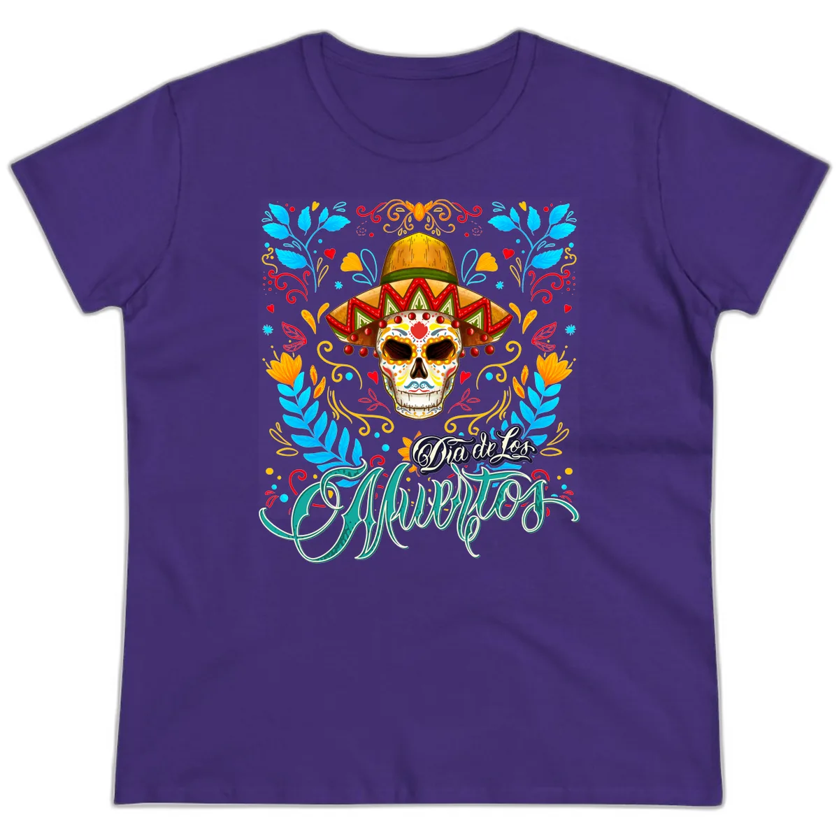 Vibrant Sombrero Sugar Skull Dia de Los Muertos Ladies Tee in Purple