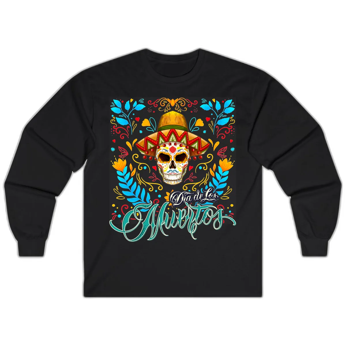 Vibrant Sombrero Sugar Skull Dia de Los Muertos Long Sleeve in Black