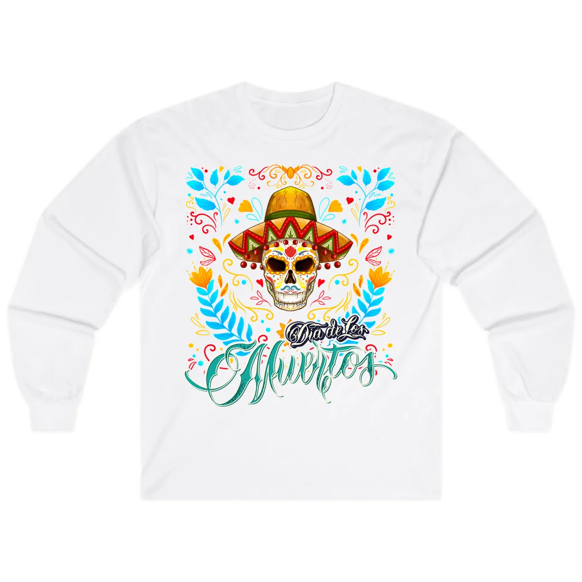 Vibrant Sombrero Sugar Skull Dia de Los Muertos Long Sleeve in White