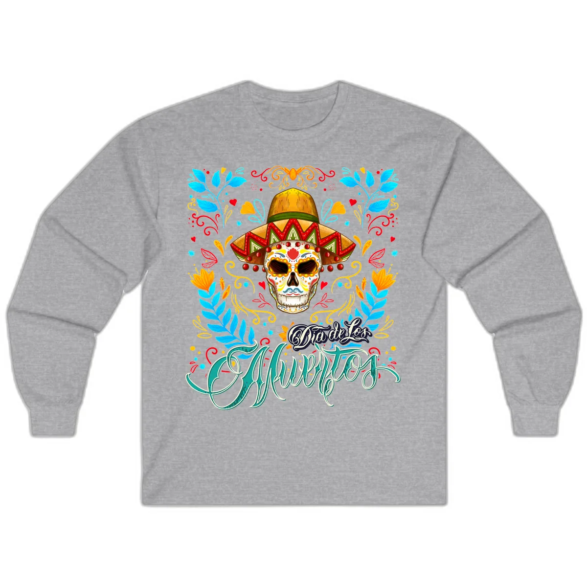 Vibrant Sombrero Sugar Skull Dia de Los Muertos Long Sleeve in Sport Grey
