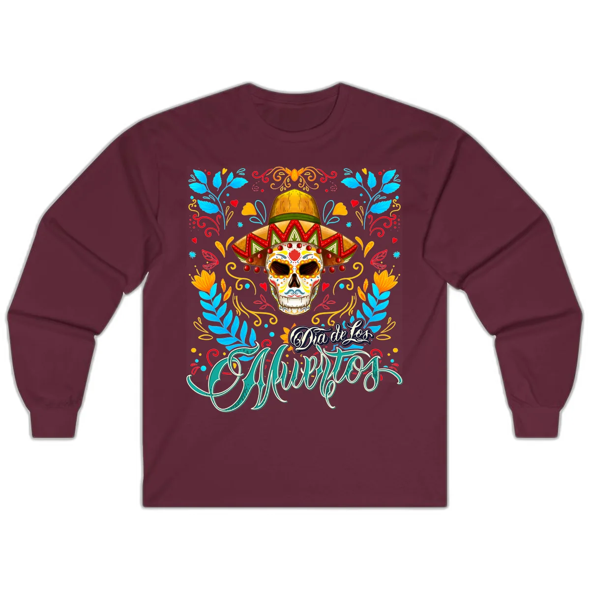 Vibrant Sombrero Sugar Skull Dia de Los Muertos Long Sleeve in Maroon