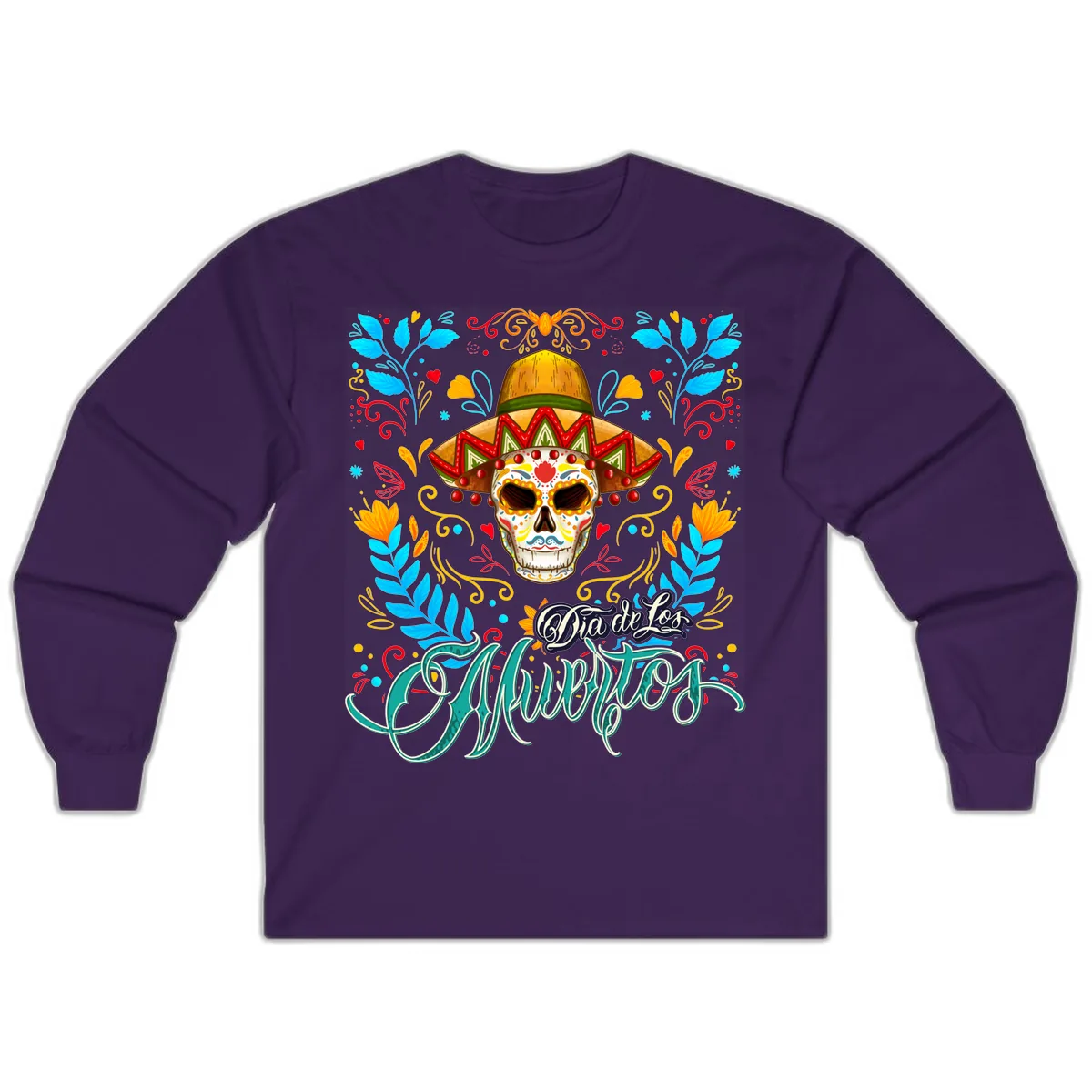 Vibrant Sombrero Sugar Skull Dia de Los Muertos Long Sleeve in Purple