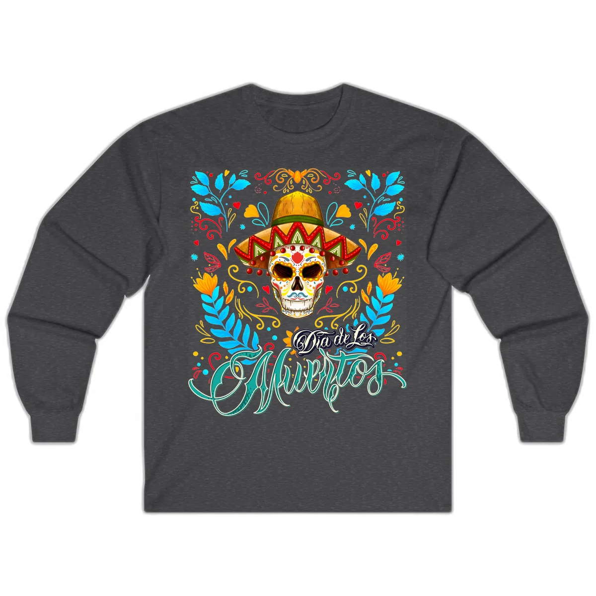 Vibrant Sombrero Sugar Skull Dia de Los Muertos Long Sleeve in Dark Heather