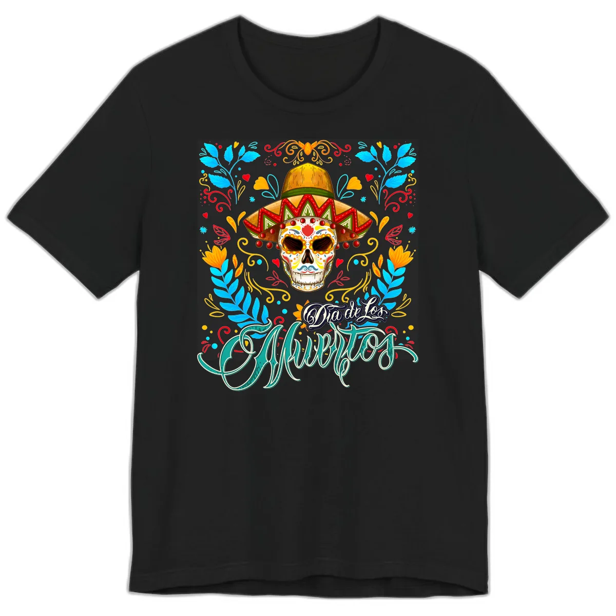 Vibrant Sombrero Sugar Skull Dia de Los Muertos Premium T-Shirt in Black